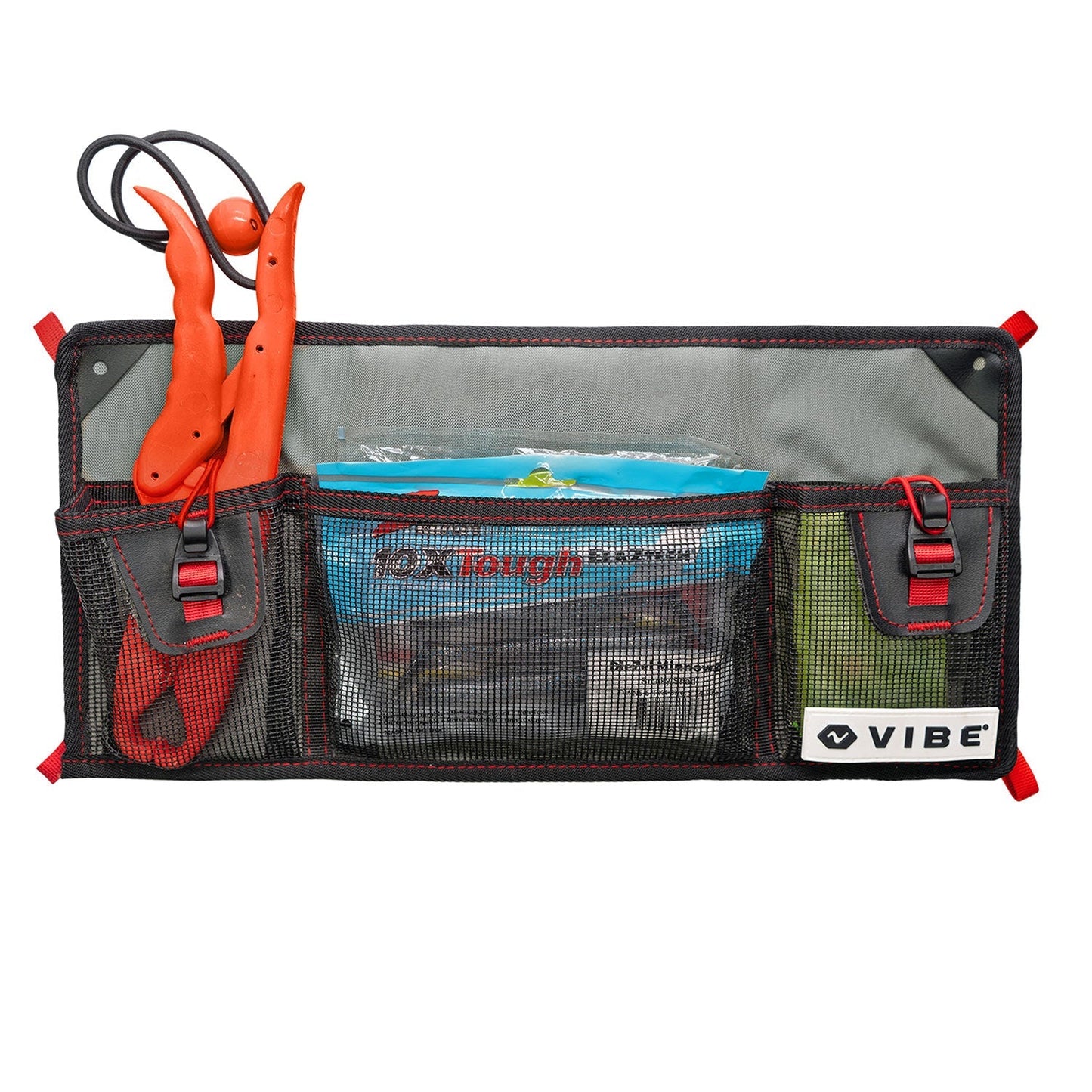 Vibe 3 pocket mesh organizer holding small tackle tray, soft plastics, and fish grips