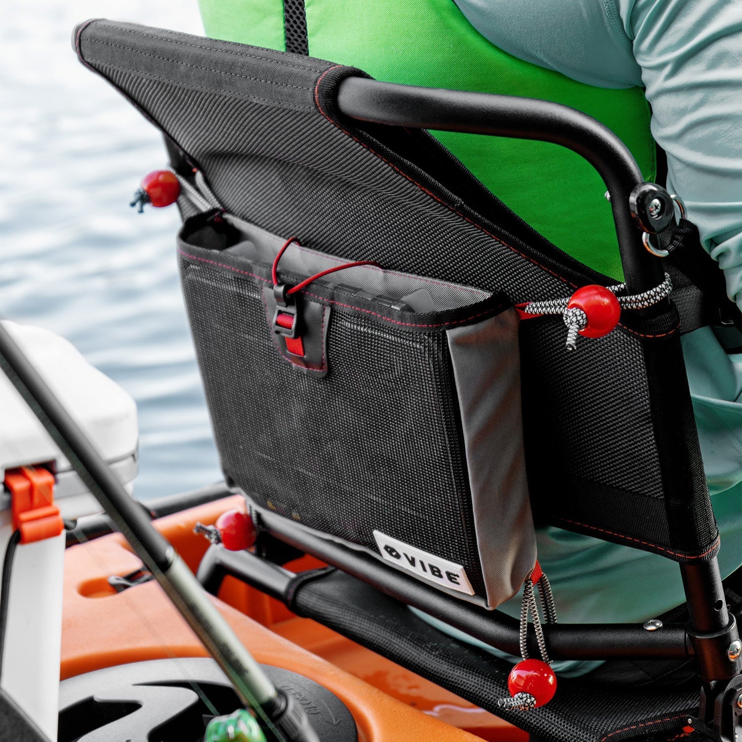 Vibe mesh tackle tray holder on the back of hero 2.0 seat